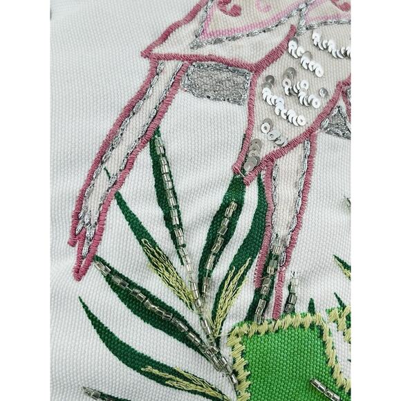 Accent Throw Pillow Beaded Flamingo Tropical Home Decor 19" Pink Monstera Leaf - Picture 7 of 15